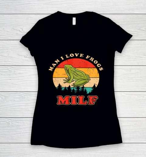 MILF Man I Love Frogs Funny Retro Frog Women's V-Neck T-Shirt