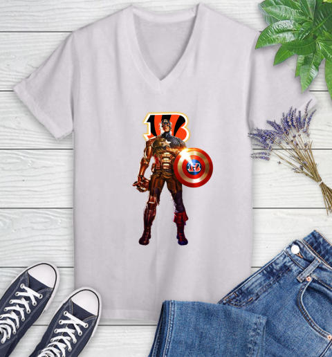 NFL Captain America Marvel Avengers Endgame Football Sports Cincinnati Bengals Women's V-Neck T-Shirt