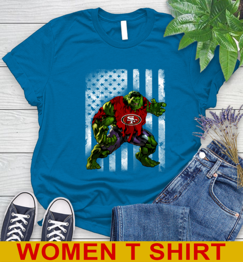 San Francisco 49ers Hulk Marvel Avengers NFL Football American Flag Women's T-Shirt 8