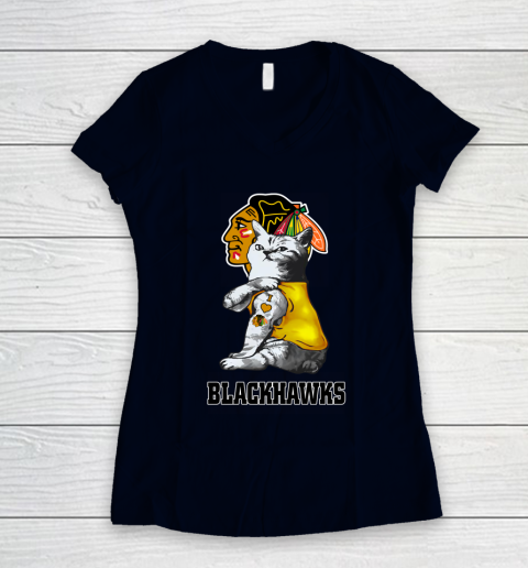 NHL My Cat Loves Chicago Blackhawks Hockey Women's V-Neck T-Shirt 2