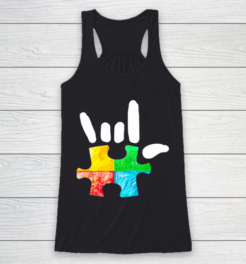 Autism Awareness Hand Rock and Roll Puzzle Pieces Tie Dye Style Racerback Tank