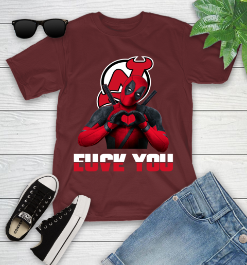 NHL New Jersey Devils Deadpool Love You Fuck You Hockey Sports Youth T-Shirt 14