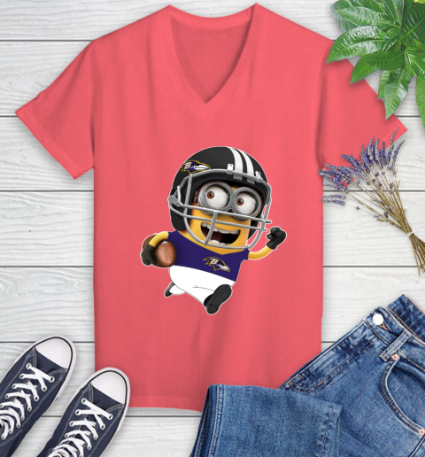 NFL Baltimore Ravens Minions Disney Football Sports Women's V-Neck T-Shirt 6