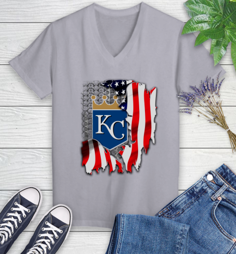 Kansas City Royals MLB Baseball American Flag Women's V-Neck T-Shirt 4
