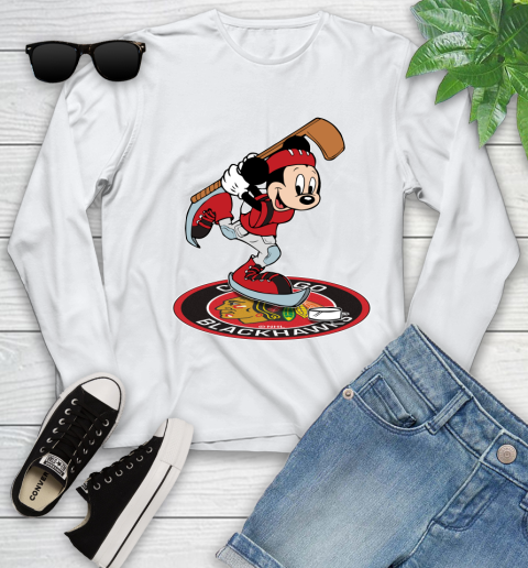 NHL Hockey Chicago Blackhawks Cheerful Mickey Disney Shirt Youth Long Sleeve 2