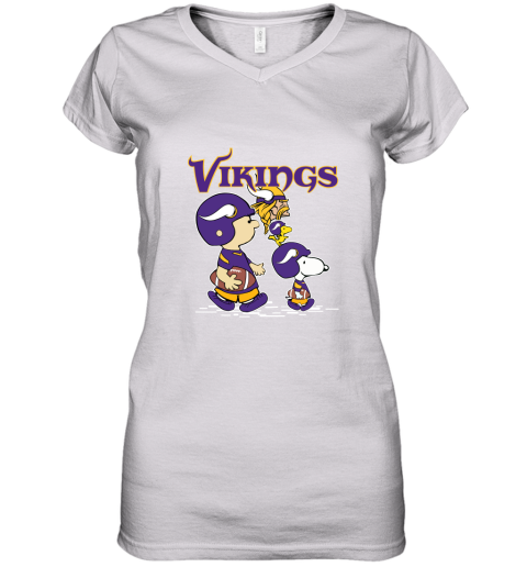 Minnesota Vikings Let's Play Football Together Snoopy NFL Women's V-Neck T-Shirt