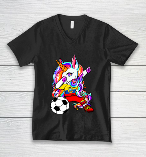 Dabbing Unicorn Ecuador Soccer Fans Jersey Flag Football V-Neck T-Shirt