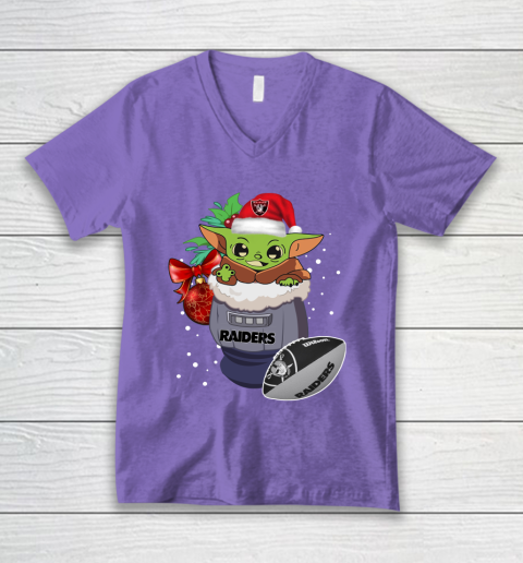 Oakland Raiders Christmas Baby Yoda Star Wars Funny Happy NFL V-Neck T-Shirt 9