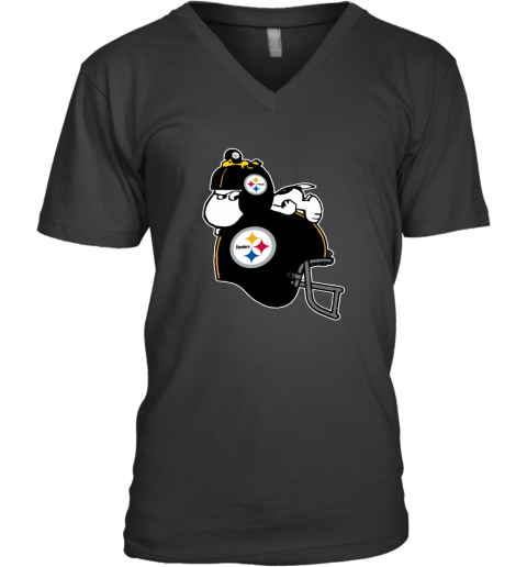 Snoopy And Woodstock Resting On Pittsburg Steelers Helmet V-Neck T-Shirt