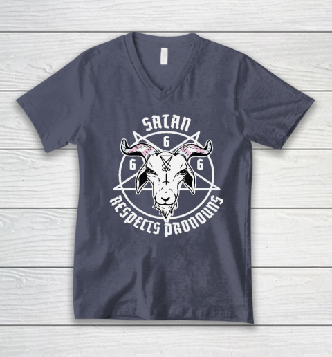 Satan Respects Pronouns Transgender Pentagram Trans Flag V-Neck T-Shirt 6