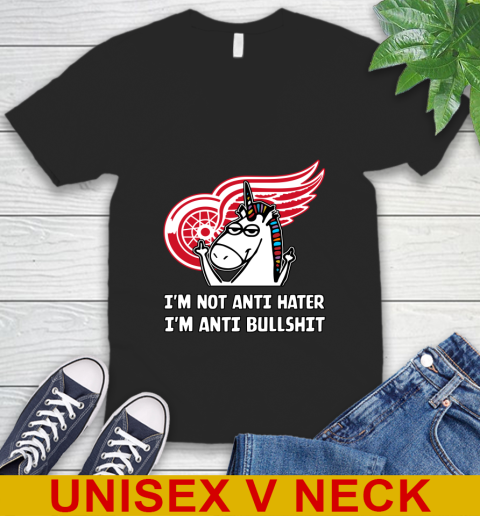 Detroit Red Wings NHL Hockey Unicorn I'm Not Anti Hater I'm Anti Bullshit V-Neck T-Shirt 2