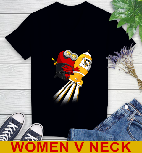 NHL Hockey Pittsburgh Penguins Deadpool Minion Marvel Shirt Women's V-Neck T-Shirt