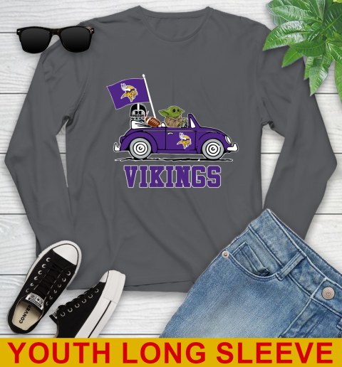 NFL Football Minnesota Vikings Darth Vader Baby Yoda Driving Star Wars Shirt Youth Long Sleeve 9