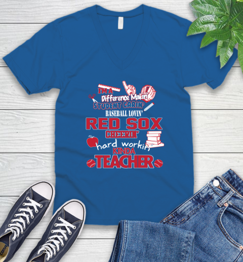 Boston Red Sox MLB I'm A Difference Making Student Caring Baseball Loving Kinda Teacher V-Neck T-Shirt - Image 6