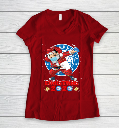 Philadelphia 76ers Funny Santa Claus Dabbing Christmas 2020 NBA Women's V-Neck T-Shirt 8