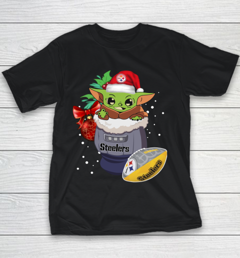 Pittsburgh Steelers Christmas Baby Yoda Star Wars Funny Happy NFL Youth T-Shirt 2