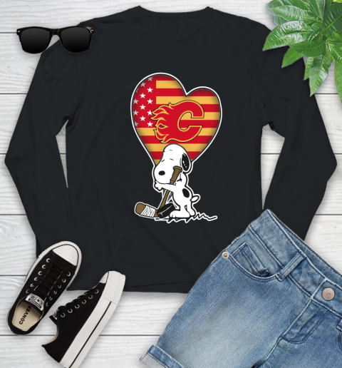Calgary Flames NHL Hockey The Peanuts Movie Adorable Snoopy Youth Long Sleeve 2