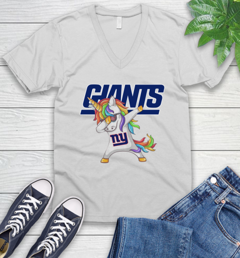 New York Giants NFL Football Funny Unicorn Dabbing Sports V-Neck T-Shirt