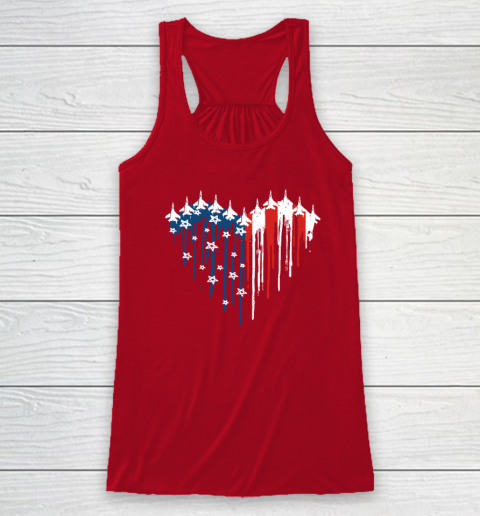 Retro Fighter Jet Airplane American Flag Heart 4th Of July Racerback Tank 3