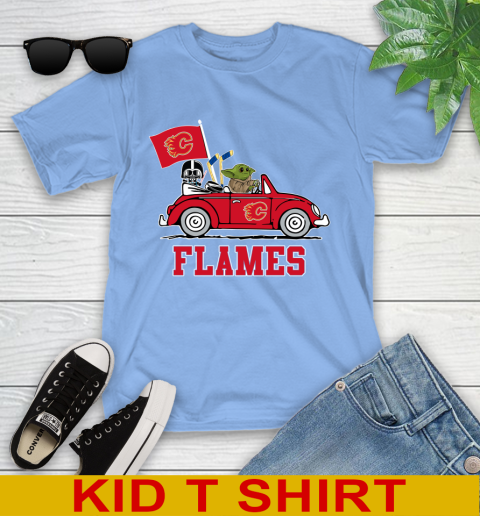 NHL Hockey Calgary Flames Darth Vader Baby Yoda Driving Star Wars Shirt Youth T-Shirt 11