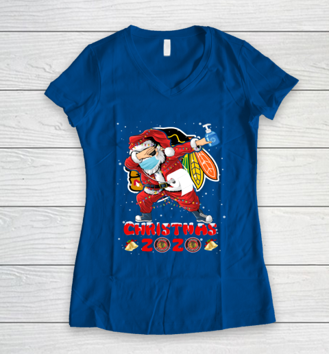 Chicago Blackhawks Funny Santa Claus Dabbing Christmas 2020 NHL Women's V-Neck T-Shirt 7