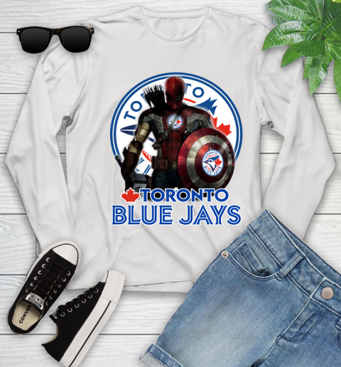 MLB Captain America Thor Spider Man Hawkeye Avengers Endgame Baseball Toronto Blue Jays Youth Long Sleeve