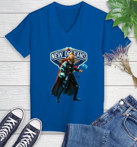 NBA Thor Avengers Endgame Basketball New Orleans Pelicans Women's V-Neck T-Shirt 10