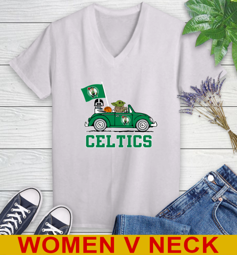 NBA Basketball Boston Celtics Darth Vader Baby Yoda Driving Star Wars Shirt Women's V-Neck T-Shirt