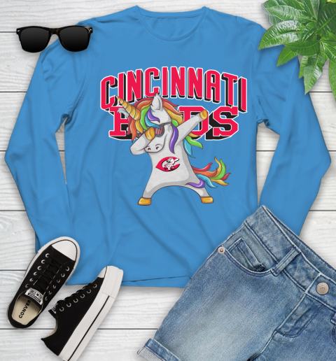 Cincinnati Reds MLB Baseball Funny Unicorn Dabbing Sports Youth Long Sleeve 7