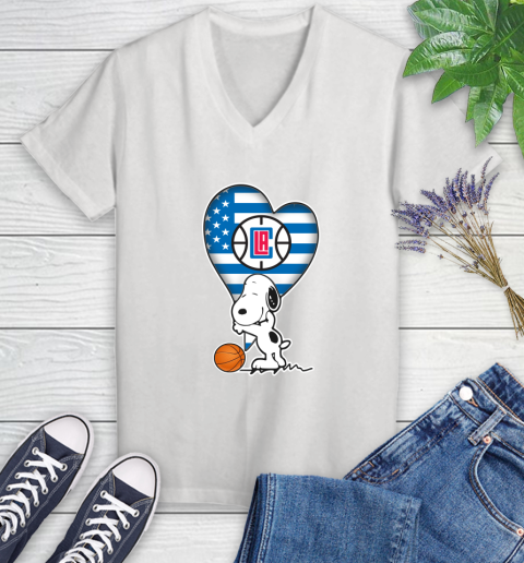 LA Clippers NBA Basketball The Peanuts Movie Adorable Snoopy Women's V-Neck T-Shirt