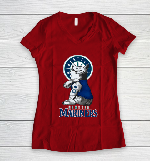 MLB Baseball My Cat Loves Seattle Mariners Women's V-Neck T-Shirt 8