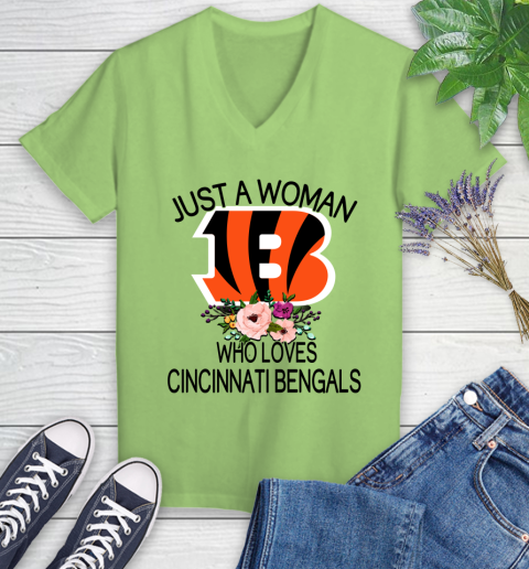 NFL Just A Woman Who Loves Cincinnati Bengals Football Sports Women's V-Neck T-Shirt 6