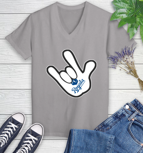 Kansas City Royals MLB Baseball Mickey Rock Hand Disney Women's V-Neck T-Shirt 4