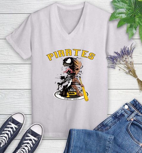 MLB Pittsburgh Pirates Baseball Venom Groot Guardians Of The Galaxy Women's V-Neck T-Shirt