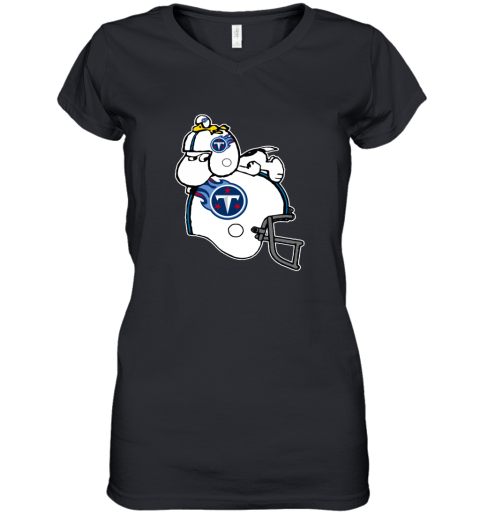 Snoopy And Woodstock Resting On Tennessee Titans Helmet 4itz snoopy and woodstock resting on tennessee titans helmet women v neck t shirt 39 front black