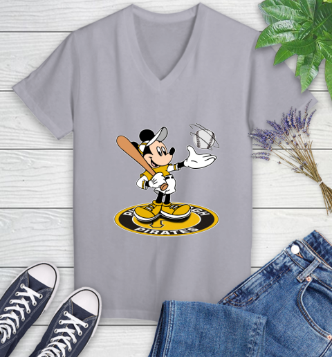 MLB Baseball Pittsburgh Pirates Cheerful Mickey Disney Shirt Women's V-Neck T-Shirt 4
