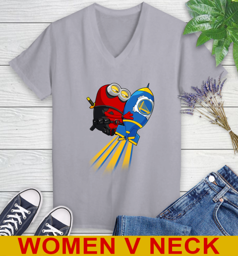 NBA Basketball Golden State Warriors Deadpool Minion Marvel Shirt Women's V-Neck T-Shirt 4