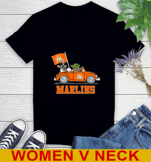 MLB Baseball Miami Marlins Darth Vader Baby Yoda Driving Star Wars Shirt Women's V-Neck T-Shirt 2