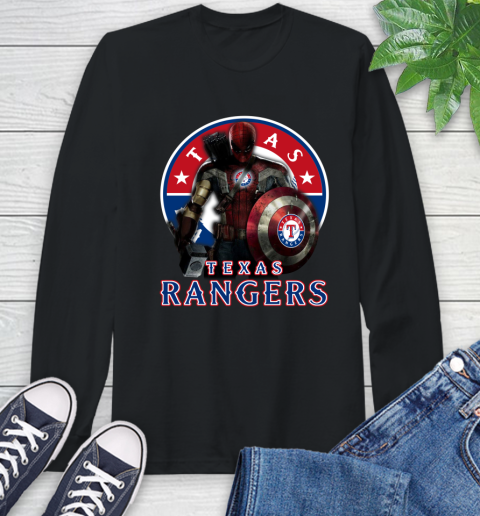 MLB Captain America Thor Spider Man Hawkeye Avengers Endgame Baseball Texas Rangers Long Sleeve T-Shirt 2