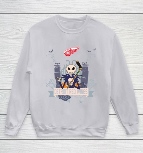 NHL Detroit Red Wings Hockey Jack Skellington Halloween Youth Sweatshirt 3