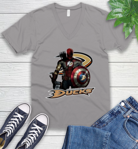 NHL Captain America Thor Spider Man Hawkeye Avengers Endgame Hockey Anaheim Ducks V-Neck T-Shirt 4