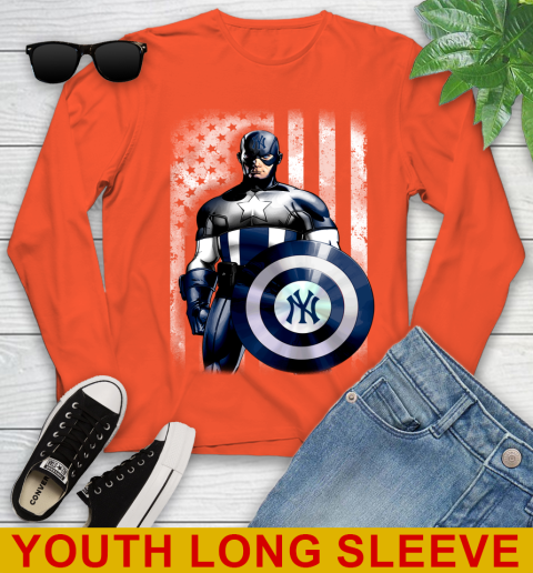 New York Yankees MLB Baseball Captain America Marvel Avengers American Flag Shirt Youth Long Sleeve 3