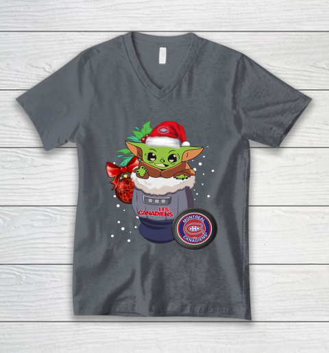 Montreal Canadiens Christmas Baby Yoda Star Wars Funny Happy NHL V-Neck T-Shirt 5