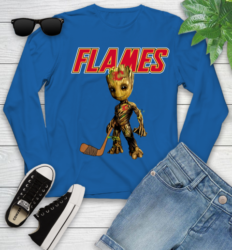 Calgary Flames NHL Hockey Groot Marvel Guardians Of The Galaxy Youth Long Sleeve 9
