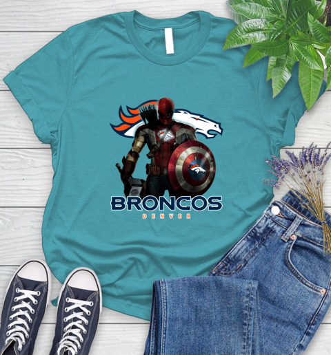 NFL Captain America Thor Spider Man Hawkeye Avengers Endgame Football Denver Broncos Women's T-Shirt 12