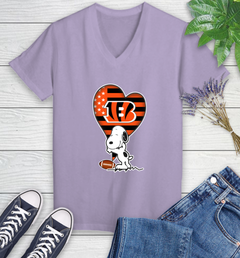 Cincinnati Bengals NFL Football The Peanuts Movie Adorable Snoopy Women's V-Neck T-Shirt 14