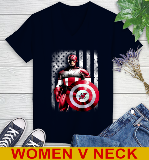New Jersey Devils NHL Hockey Captain America Marvel Avengers American Flag Shirt Women's V-Neck T-Shirt - Image 3
