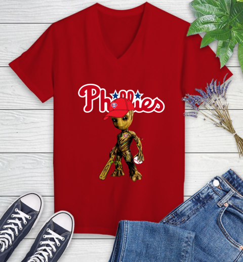 MLB Philadelphia Phillies Groot Guardians Of The Galaxy Baseball Women's V-Neck T-Shirt 12