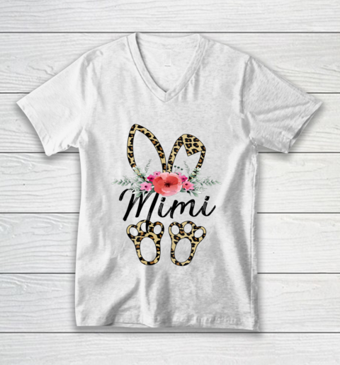 Mother s Day Easter Shirt For Mimi Leopard Bunny Floral V-Neck T-Shirt