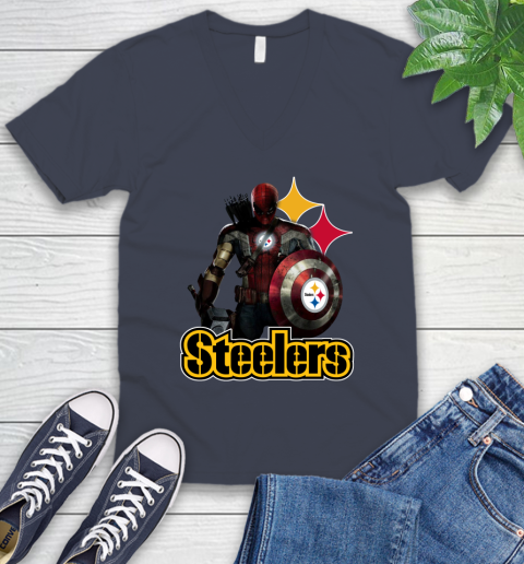 NFL Captain America Thor Spider Man Hawkeye Avengers Endgame Football Pittsburgh Steelers V-Neck T-Shirt 9